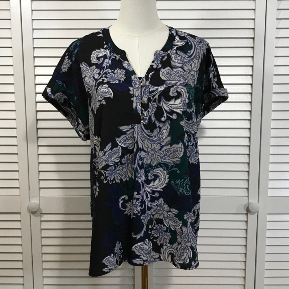 Dana Buchman Boho Paisley Floral Navy Short Sleeve Tunic Blouse L